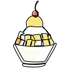 ice shaved bingsu korean japanese style sweet dessert in minimal one continuous line simple design style with color