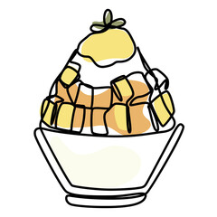 ice shaved bingsu korean japanese style sweet dessert in minimal one continuous line simple design style with color