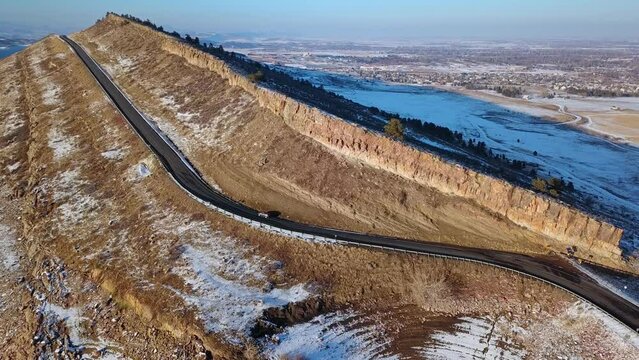 Breathtaking View Of A Mountain Road At Horsetooth Reservoir In Larimer County, Colorado. Aerial Drone
