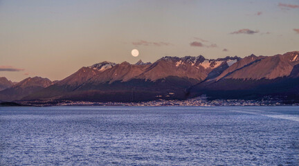 Breathtaking nature landscape sunrise sunset twilight blue hour dusk dawn nature scenery in Patagonia, South America near Ushuaia during cruise to Terra del Fuego End of the World