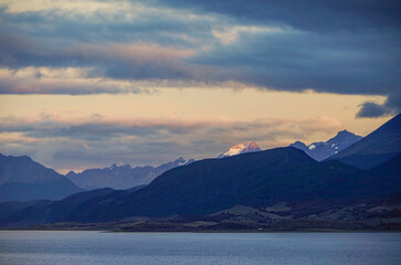 Fototapeta na wymiar Breathtaking nature landscape sunrise sunset twilight blue hour dusk dawn nature scenery in Patagonia, South America near Ushuaia during cruise to Terra del Fuego End of the World