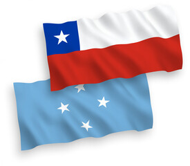 National vector fabric wave flags of Federated States of Micronesia and Chile isolated on white background. 1 to 2 proportion.