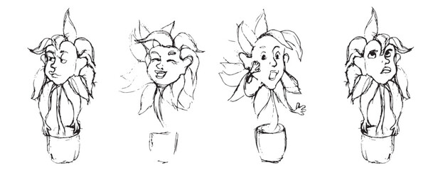 Mix of sketches of cartoon sunflowers with different emotions