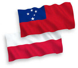 Fototapeta na wymiar National vector fabric wave flags of Independent State of Samoa and Poland isolated on white background. 1 to 2 proportion.