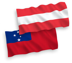Fototapeta na wymiar National vector fabric wave flags of Austria and Independent State of Samoa isolated on white background. 1 to 2 proportion.