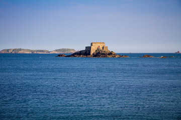 Fortified castel, Fort du Petit Be, beach and sea, Saint-Malo city, Brittany, France