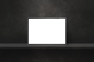 Digital tablet pc on black wall shelf. Horizontal background banner