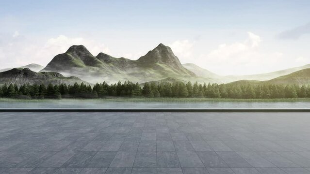 Empty concrete floor with mountain and blue sky lake view. 3D rendering background for car park.