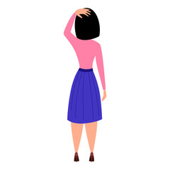 The woman thinks holding her head. View from the back. Flat character vector illustration