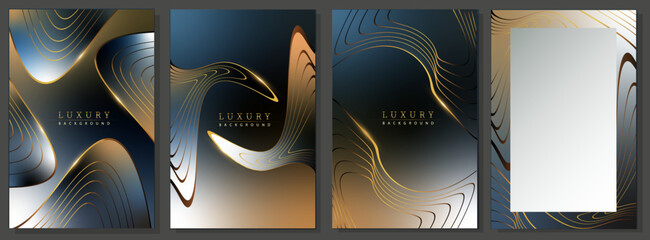 Multicolor luxury cover set. Pattern of distorted curved, golden and shimmering lines on the colorful iridescent background. Elegant brochure, flyers, invitations of shaded colors.