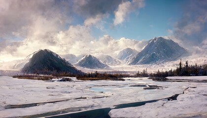 Beautiful landscape of an Alaskan River scene, mountains and river - obrazy, fototapety, plakaty