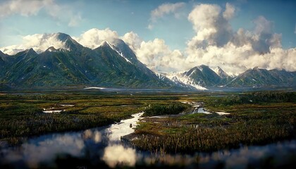 Fototapeta premium Beautiful landscape of an Alaskan River scene, mountains and river