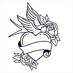 Swallow and roses tattoo| Vector Valentines Day greeting card with heart, made in classic old school tattoo style. Retro design