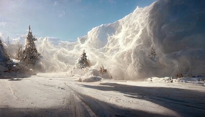 Beautiful landscape of a mountain avalanche on a snow capped mountain, storming through trees