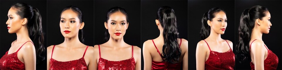 Half body of Asian beautiful woman wear red evening sequin gown, 360 front side back rear
