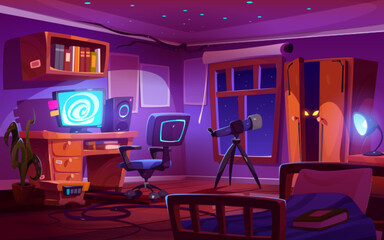 Night bedroom interior with computer, telescope, bookshelf, plant and monster eyes in cupboard. Home cabinet, student, teenager or freelancer workplace, house room with bed Cartoon vector illustration