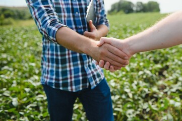 Fototapeta na wymiar Two farmers shaking hands in soybean field in early summer