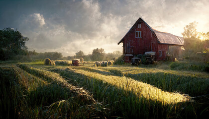 Beautiful landscape scene of a farm red barn next to fields of wheat - obrazy, fototapety, plakaty