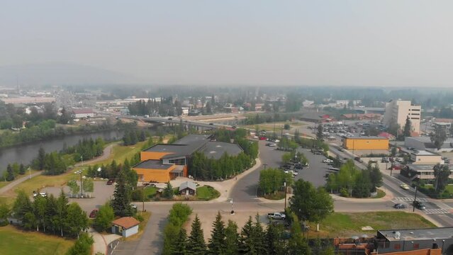 4K Drone Video of Morris Thompson Cultural Center and Old Steese Highway Bridge on the Chena River in Downtown Fairbanks, Alaska on Summer Day