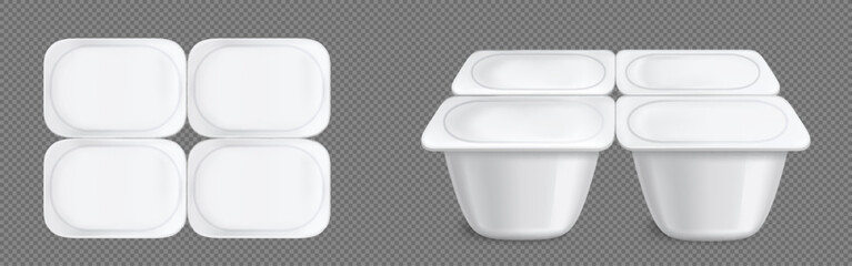 Yoghurt package, plastic cups, containers for dairy products isolated mockup. White jars or pots with foil lid, four tubs pack front and top view on transparent background, Realistic 3d vector mock up