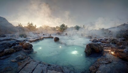 Fototapeta na wymiar Beautiful landscape scene of a hot springs with steam rising
