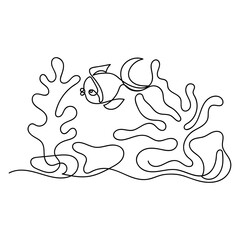 Continuous line drawing, fish and plants. Sketch on white background. Hand drawn vector style.