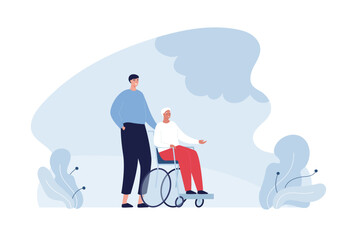 Healthcare volunteering and caregiving concept. Vector flat people illustration. Volunteer help elder woman in wheelchair. Design for hospital care service.