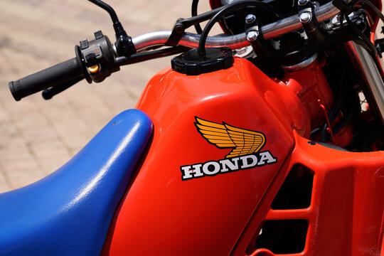 Honda xl trail logo brand and text sign on motorcycle vintage red petrol retro tank