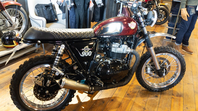 Royal Enfield custom trail Interceptor 650 twin motorbike in showroom seller motorcycle dealership