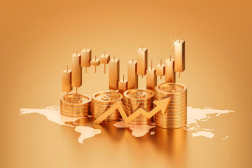 Global gold business investment market stock currency on growth finance economy 3d money background with financial profit diagram or golden graph bank exchange and invest chart price foreign trade.