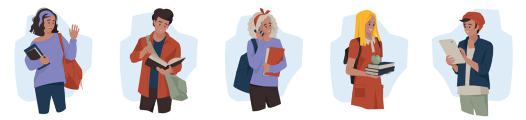 Students, schoolchildren, teenagers. The guy is reading a book, the girl is talking on the phone. Back to school. Vector image.