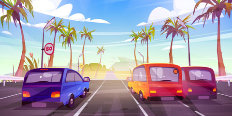 Cars driving road with palms and sunny tropical landscape. Cartoon vector illustration of four lane speed highway, autos riding straight under blue sky, traffic signs on light poles. Vacation travel
