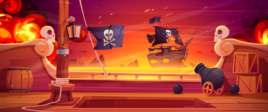 Pirate ship battle, wooden brigantine boat deck onboard view with cannon fire to enemy frigate with black jolly roger flag on seascape background, game scene of battleship, Cartoon vector illustration
