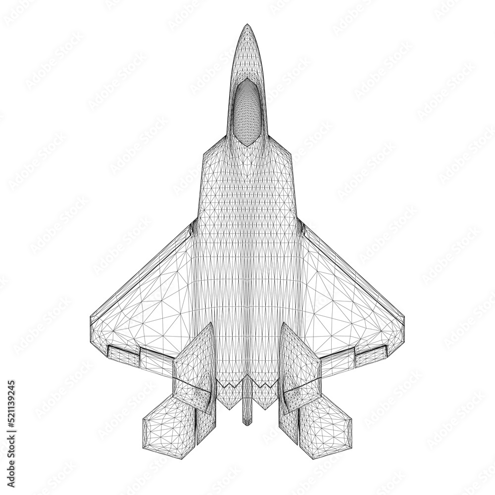Poster combat fighter jet wireframe from black lines isolated on white background. view from above. 3d. vec