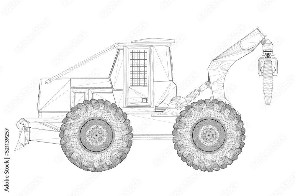 Poster wireframe of an industrial grader tractor with tongs for lifting cargo from black lines isolated on 