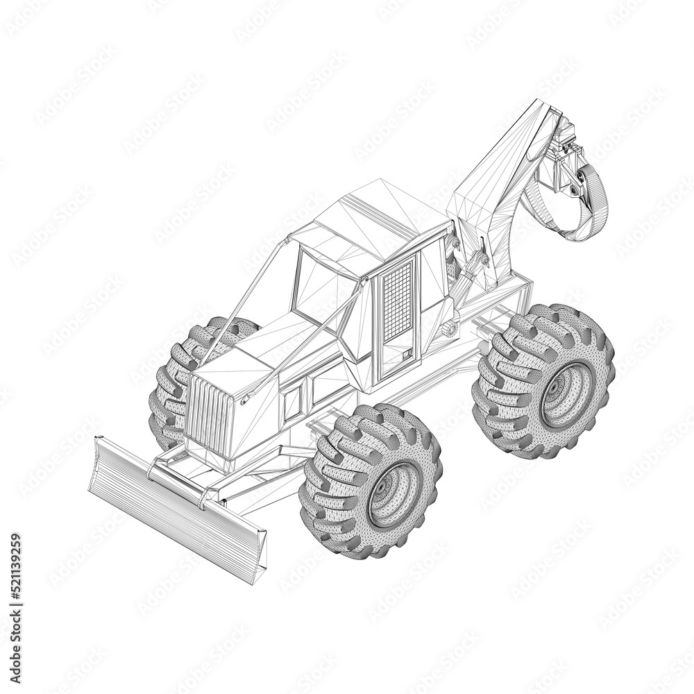 Poster wireframe of an industrial grader tractor with tongs for lifting cargo from black lines isolated on 