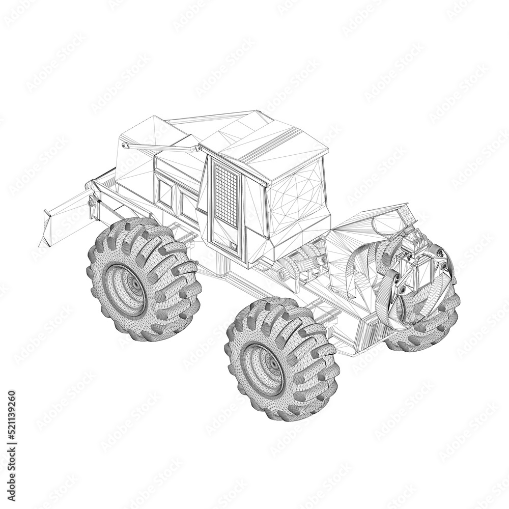 Poster wireframe of an industrial grader tractor with tongs for lifting cargo from black lines isolated on 