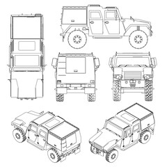 Set with contours of a combat jeep from black lines isolated on a white background. Isometric view, side, front, back, top. 3D. Vector illustration. © German Ovchinnikov