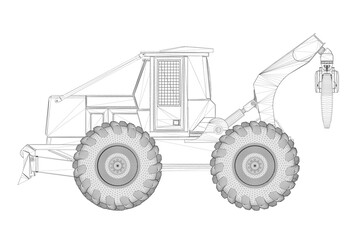 Wireframe of an industrial grader tractor with tongs for lifting cargo from black lines isolated on a white background. Side view. 3D. Vector illustration.