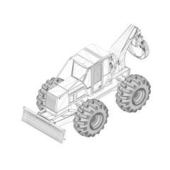 Wireframe of an industrial grader tractor with tongs for lifting cargo from black lines isolated on a white background. Isometric view. 3D. Vector illustration.