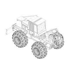 Wireframe of an industrial grader tractor with tongs for lifting cargo from black lines isolated on a white background. Isometric view. 3D. Vector illustration.