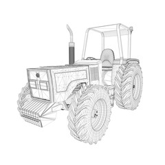 Wireframe of an industrial tractor from black lines isolated on a white background. Perspective view. 3D. Vector illustration.