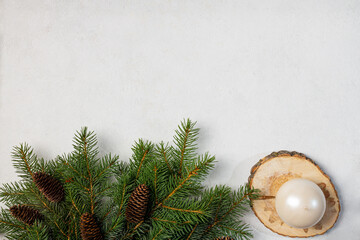 The theme of winter holidays is gifts with Christmas decorations and a Christmas tree. view from above. copy of the space, banner, postcard