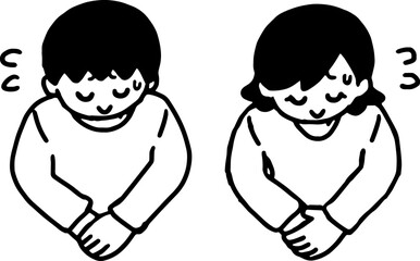 	汗をかき頭を下げる私服姿の男女