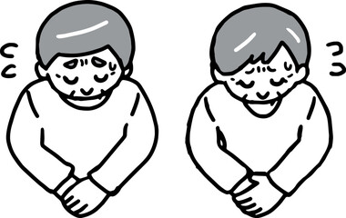 汗をかき頭を下げる私服姿のシニア男女