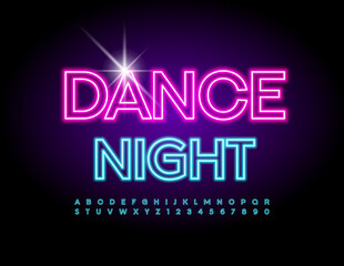 Vector Neon emblem Dance Night. Bright Glowing Font. Electric Alphabet Letters and Numbers
