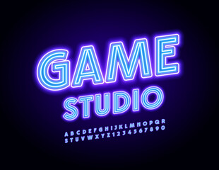 Vector neon Sign Game Studio. Bright Neon Alphabet Letters and  Numbers. Modern Electric Font