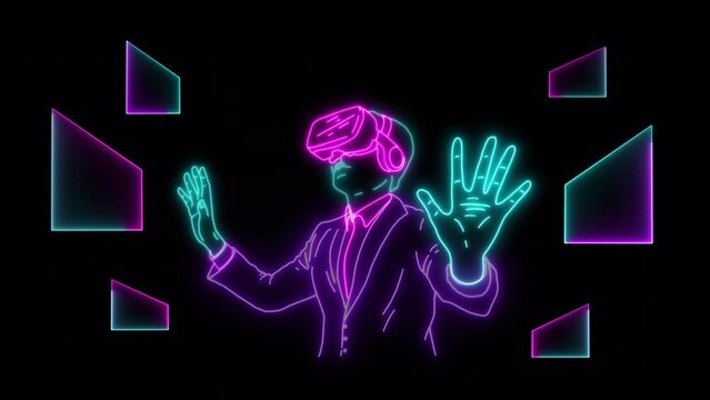 Glowing Neon Hand Drawn Style Man in Virtual Reality headset Abstract VR world Person wearing virtual reality glasses and surrounded with futuristic interface 3d hologram data Meta verse guide world