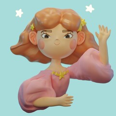 cartoon red-haired girl in the stars - 3d render illustration