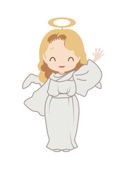 天使の仮装をして手を振るキャラクターのイラスト